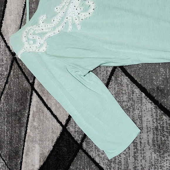MISS ME MINT GREEN EMBROIDERED RHINESTONES OPEN STRAP V-BACK TOP PRICE FIRM - Picture 6 of 15